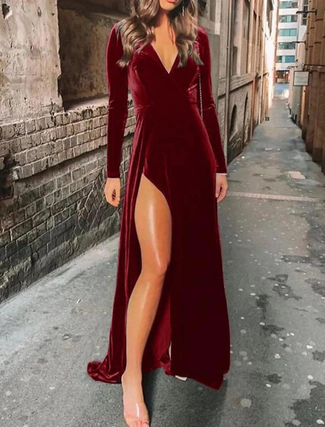 Abito da damigella d'onore a trapezio, scollo a V, maniche lunghe, sexy, strascico a ruota, in velluto con spacco frontale